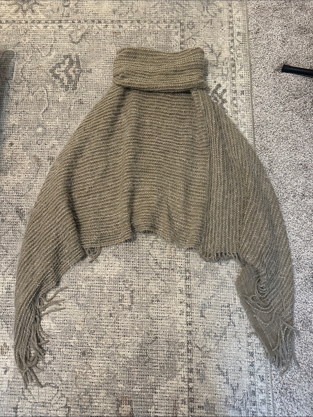 Signature Taupe Cropped Turtleneck Poncho with Fringe